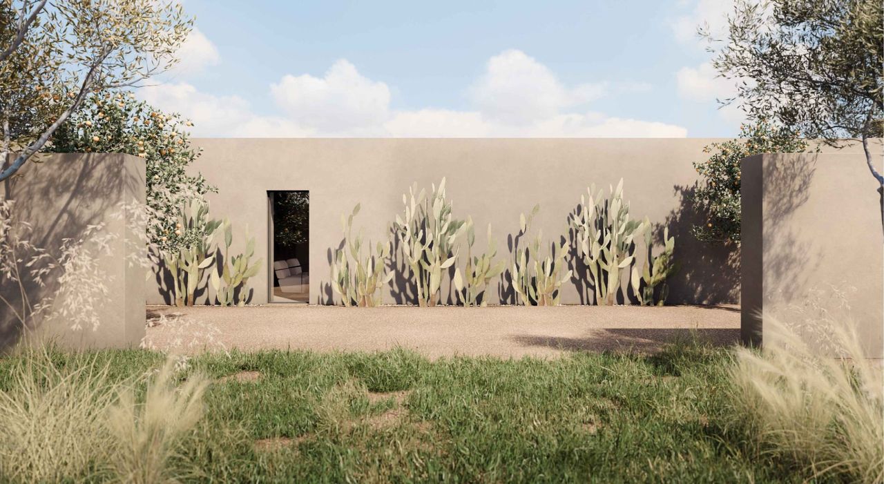 Render of a plastered garden wall at Casa Settarte with agaves and a doorway