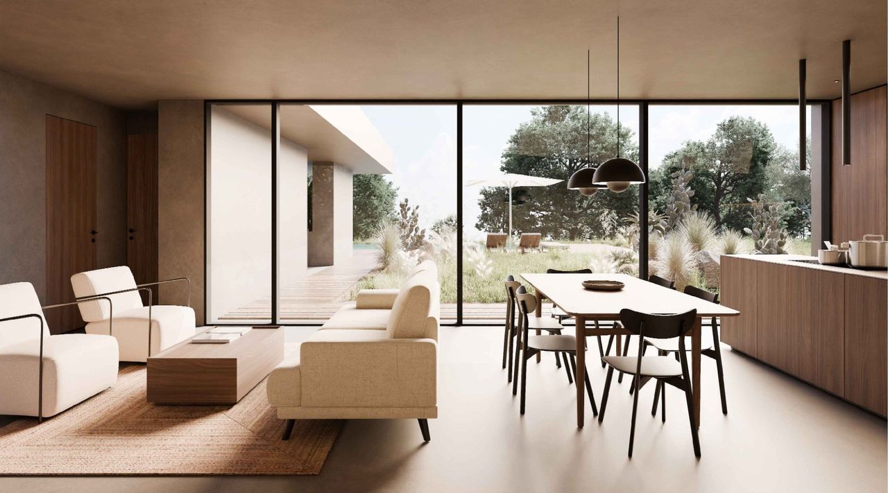 Render of the living room of Casa Settarte, a preliminary design: full-height glazing, timber kitchen and natural fabrics